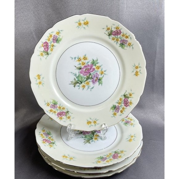 Set of 4 Black Knight Germany Yellow Pink Floral Gold Trim Dinner Plates 10" - Picture 3 of 13